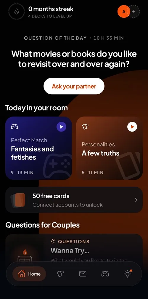coupleroom home screen with Question of the Day and today’s games for couples