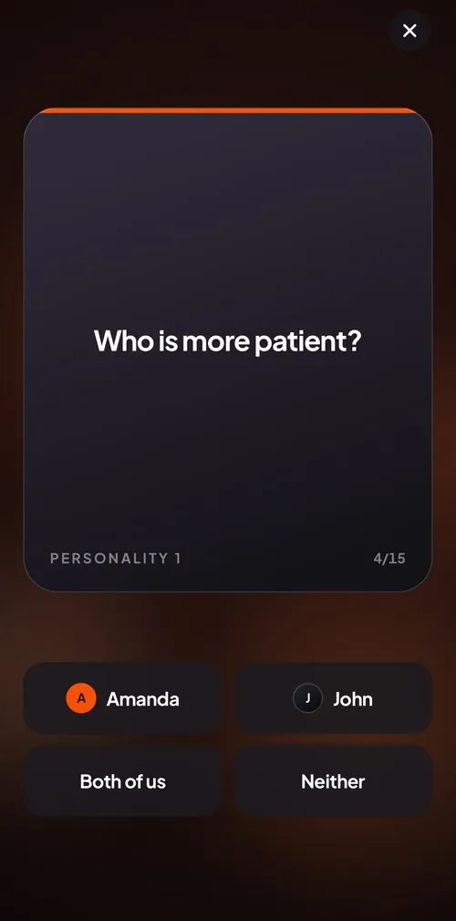 coupleroom Who Among You game card asking “Who is more patient?” with answer buttons